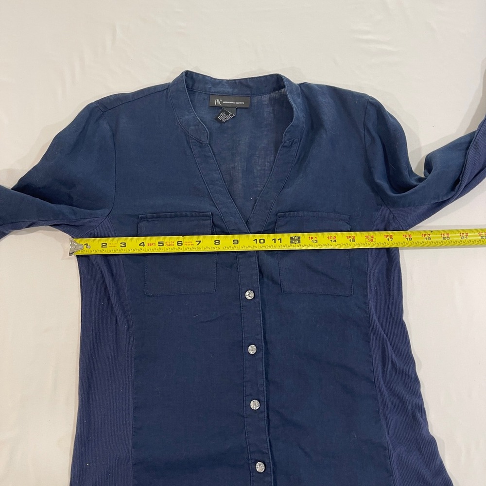 INC Womens Linen Blend Button Up Shirt Ribbed Coastal Navy Blue S - Picture 4 of 6